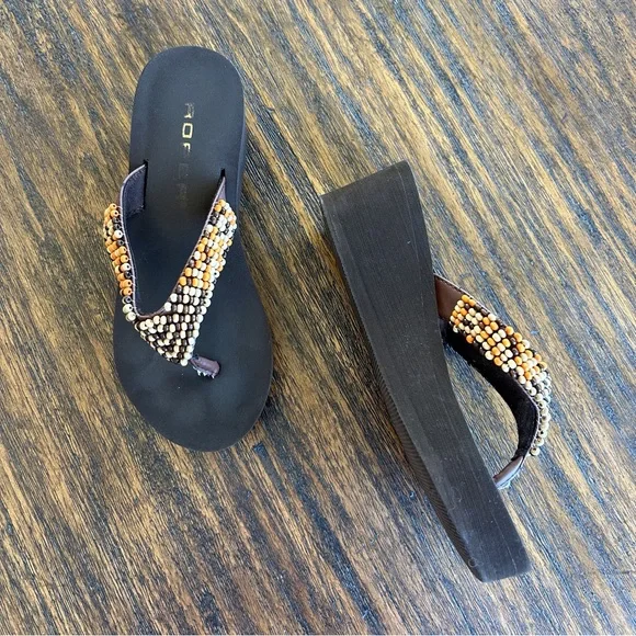 Roper VTG Y2K Brown Island Girl Tropical Orange Beaded Platform Sandals 5.5/6 - Picture 2 of 6